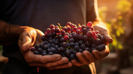 Close up of vine gardener's hand holding freshly harvested grapes on golden hour sunlight
