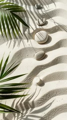 Fototapete Sand Zen Pattern with Stones and Palm Leaves for Meditation and Relaxation © Jardel Bassi