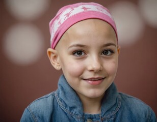 A young girl with a pink bandana on her head is smiling. She is wearing a grey shirt and a grey jacket. Cancer concept. - 772221541