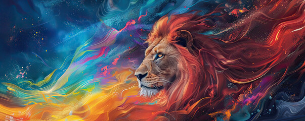 Whirlwind of colors forming a mythical lion, wide bottom space for powerful quotes - obrazy, fototapety, plakaty