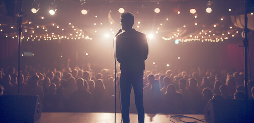 Performer silhouette on stage facing an audience under spotlights