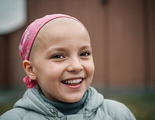 A young girl with a pink bandana on her head is smiling. She is wearing a grey shirt and a grey jacket. Cancer concept. - 772221731