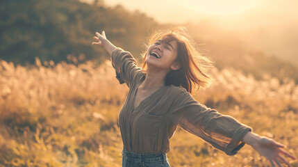 A joyful woman with outstretched arms in a sunlit field. - obrazy, fototapety, plakaty