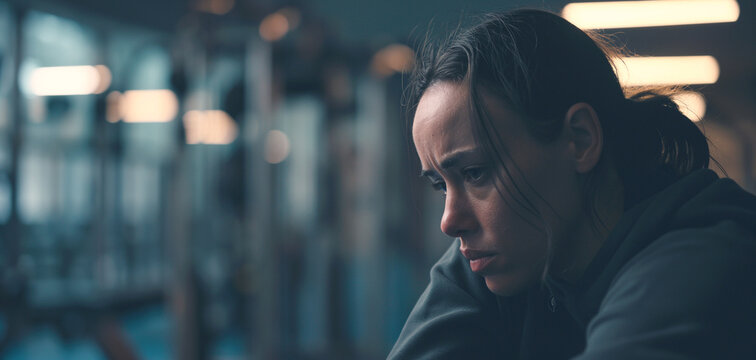 This image depicts a pensive woman sitting alone in a gym, with exercise equipment blurred in the background.