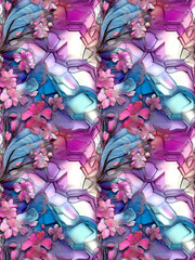 Seamless Rectangle Tile, 4 Combined for Visual Display, Pastel Colored Alcohol Ink Paint Floral Style, 3D Effect, Soft Pink Purple Blue Colored, Unique Pattern Design.