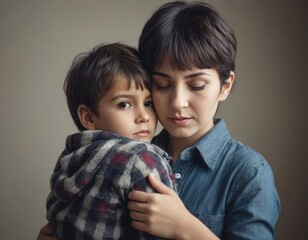 A young boy and a woman are hugging each other