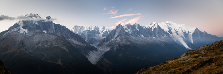Panoramic view of the Mont Blanc mountain range at dawn