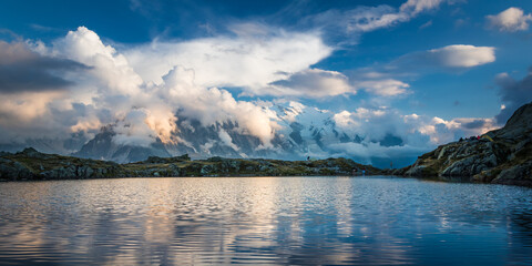 Cheserys lake with sunset on the Mont Blanc mountain range