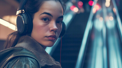 A young woman with headphones turns around on an escalator.