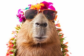 A cute capybara sporting trendy sunglasses and a colorful flower lei, looking effortlessly cool and stylish.