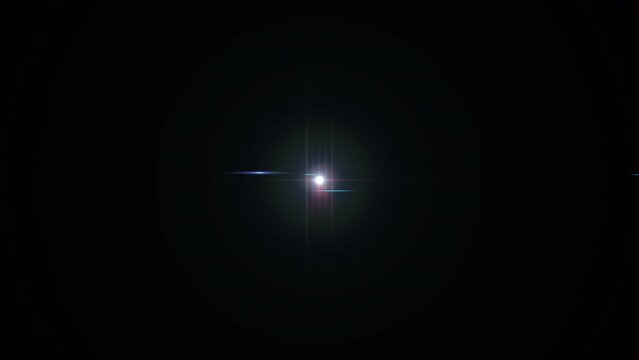Abstract loop center flickering white blue glow star optical flare shine light ray animation on black background.