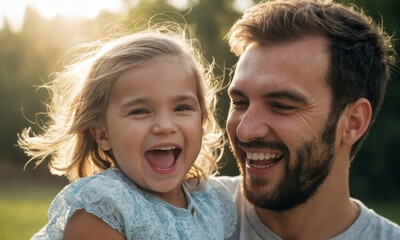 A man and a little girl are smiling and laughing together. The man is holding the girl, and they are both happy