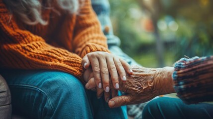 Young Woman Holding the Hand of a Senior in Caregiving Concept - obrazy, fototapety, plakaty