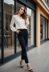 A woman in a white shirt and black pants is standing in front of a window. She is wearing black heels and has her hair pulled back. Concept of elegance and sophistication - 772223339