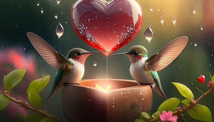 Two cute hummingbirds on a branch holding a heart between their chest with sparkling rain drops falling around them, romance HD, UHD, 32K AI Generated