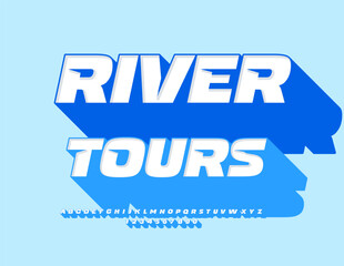 Vector travel banner River Tour. Creative 3D Font big Big Blue Shadow. Trendy Alphabet Letters and Numbers set. 