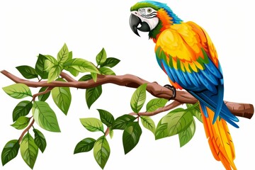 A vibrant parrot perched on a tree branch, squawking happily in an illustration showcasing nature's beauty.
