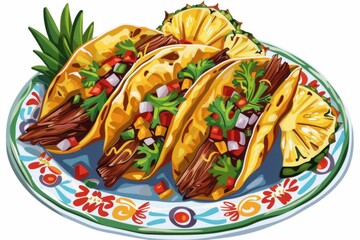A vibrant illustration of a colorful plate of tacos al pastor topped with pineapple slices, creating a mouthwatering feast for the eyes.