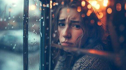 A saddened young woman peers through a rain-soaked window.