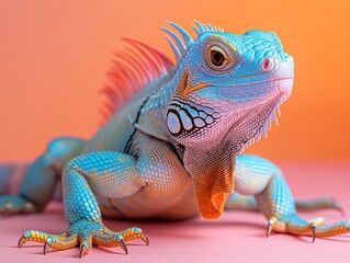 exotic iguana on a pastel gradient background, Close-up portrait of a pink blue colored iguana