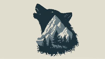 From Wolf Howl to Mountain Majesty Silhouette Transition with a Wolf's Head Profile, Surrounded by Trees and a Small Pack Below - obrazy, fototapety, plakaty