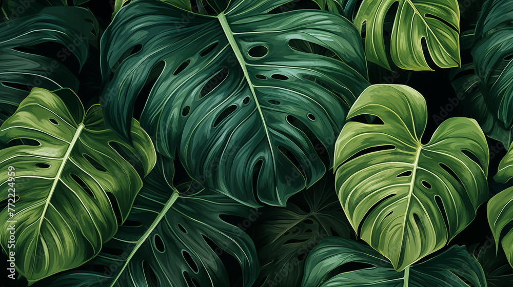 Poster Lush Monstera Leaf Illustration in Dark Botanical Backdrop