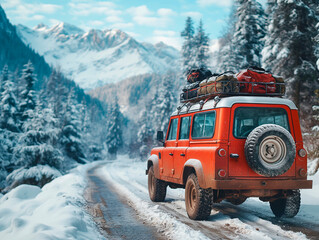 friends in the car, on the road with bags and luggage. outdoor equipment such as tents, skis, snowboards on the vehicle