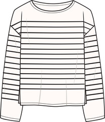 Women's Crew Neck Nautical Striped Jumper. Technical fashion illustration. Front, white and black colour. Women's CAD mock-up. - obrazy, fototapety, plakaty