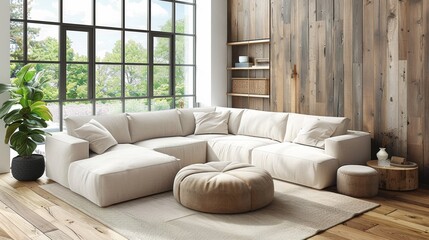 A living room with a white sectional sofa and ottoman, AI