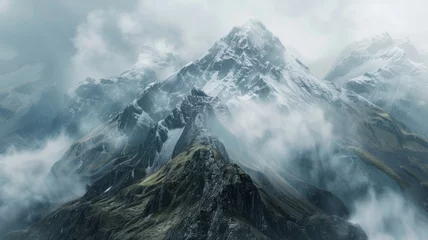Fotobehang Misty mountain ridges with a hint of greenery - The harsh beauty of rugged mountain ridges enveloped in mist with patches of green showcasing the resilience of nature against the odds © Mickey