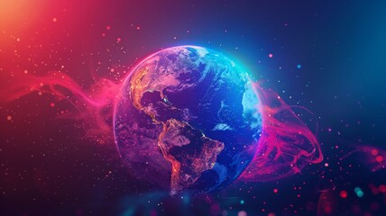 Vibrant Earth with neon cosmic swirls - The Earth is illuminated with neon pink and blue swirls against a starry space backdrop, symbolizing technology and connectivity - obrazy, fototapety, plakaty