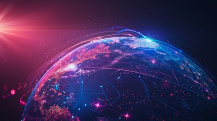 Illuminated Earth with digital network lines - This Earth image portrays a network of digital connections over continents, reflecting a modern, interconnected planet - obrazy, fototapety, plakaty