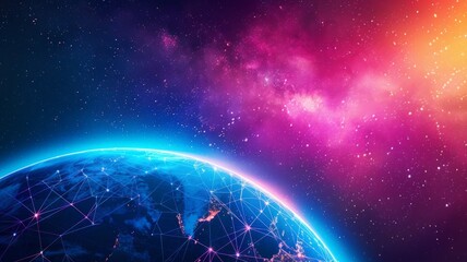 Futuristic Earth network with starry sky - A depiction of Earth encased in a high-tech network grid with a galaxy backdrop, implying global connection and innovation - obrazy, fototapety, plakaty