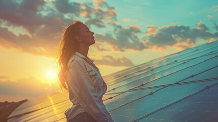 Woman with obscured face near solar panels - Image of a woman with hidden face contemplating a sustainable future with solar energy during sunset - obrazy, fototapety, plakaty