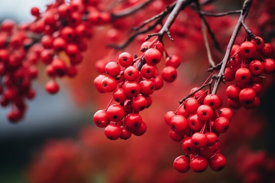 Glossy Red berries branch fall ripe. Small macro ash crimson. Generate Ai