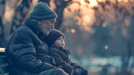 Grandfather and grandson sharing a moment on a park bench. - obrazy, fototapety, plakaty