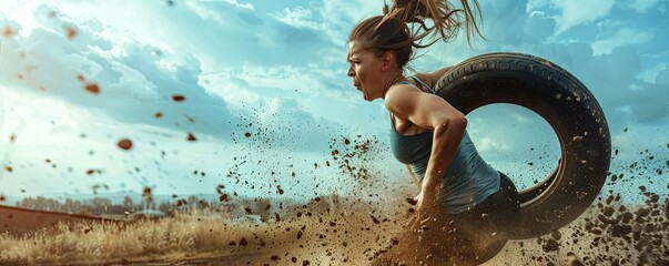 A young, determined girl flipping a large tire in a demonstration of strength and perseverance - obrazy, fototapety, plakaty