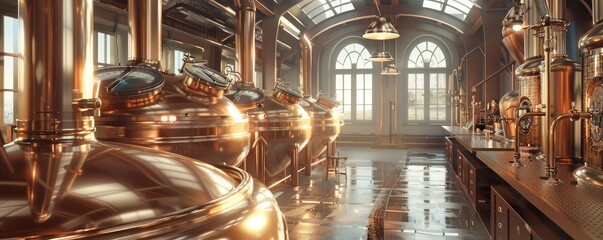 The interior of a modern craft distillery with shining copper stills, pipes, and distillation equipment reflecting sunlight.