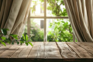 Empty of wood table top on blur of curtain with window view green from tree garden background.For montage product display or design key visual layout - generative ai