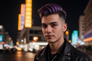 Handsome cool man standing against the city night with neon light and bokeh.