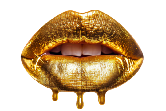 Golden lips with gold drops isolated on transparent background