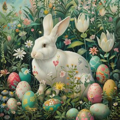 A whimsical scene of a white rabbit surrounded by pastel-colored Easter eggs in a lush garden. 