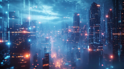 A futuristic virtual cityscape illuminated by neon lights, with towering skyscrapers and digital elements, portraying an advanced, technological urban environment. A concept for digital data streams
