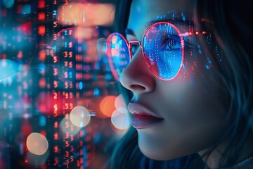 A software lady developer wears spectacles and looks at programming code data, synthesizing reflecting on her face software and space, Generative AI.