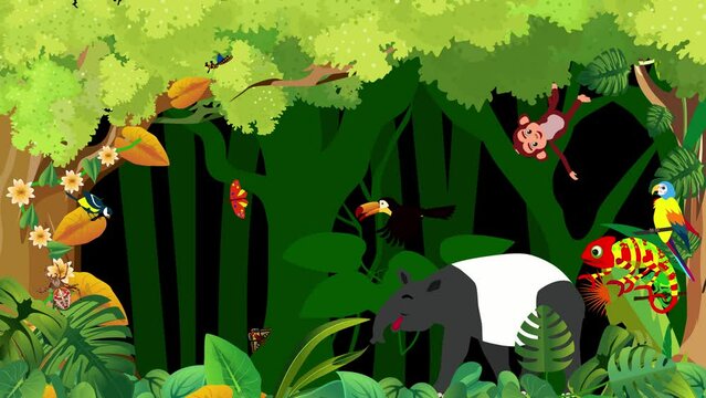 Cartoon animation of Amazon lungle scene with tapir monkeys and other animals 4k video
