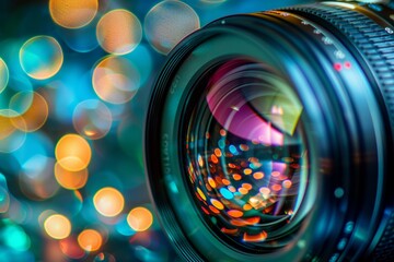 A close-up of a camera lens with a captivating bokeh effect highlighting the intricate lens layers. - obrazy, fototapety, plakaty