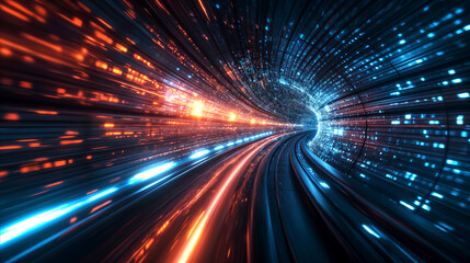 Fototapeta na wymiar A dynamic view of light trails, creating a vortex of blue and orange hues, suggesting high-speed data transmission or a journey through a digital or cosmic tunnel. A space-time continuum concept