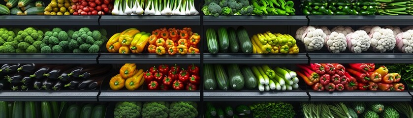 A neatly organized supermarket shelf displaying a variety of fresh organic vegetables - obrazy, fototapety, plakaty