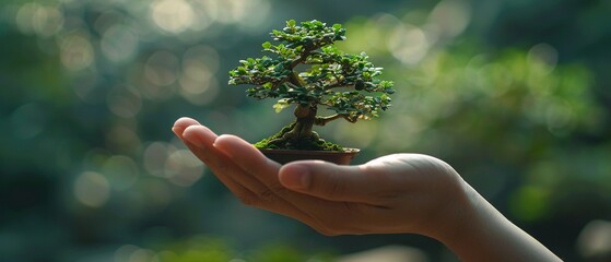 A solitary human hand presenting a miniature bonsai tree