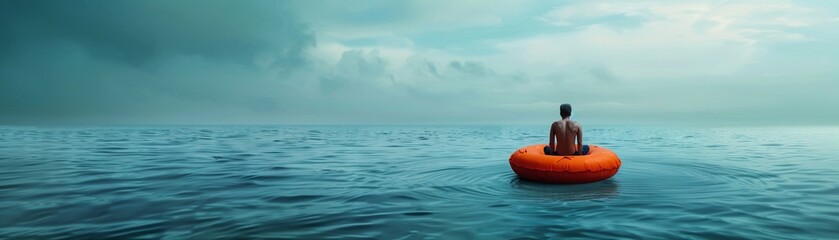 A Solitary man adrift in a vast ocean sitting on an orange lifebuoy